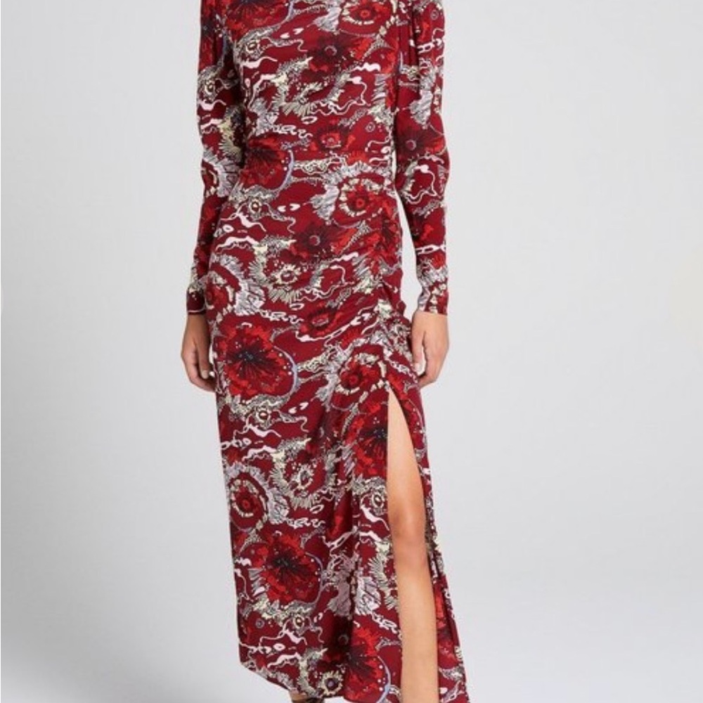 A.L.C. Red Floral Long-Sleeve Maxi Dress with Side Slit